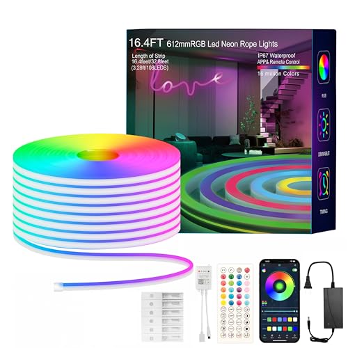 MFWW Neon Rope Lights, 16.4FT RGB LED Strip Lights App Control,IR Remote,Music Syncing,Outdoor IP67 Waterproof,Flexible DIY Design for Bedroom,Living,Gaming,Party Decoration - 16.4FT