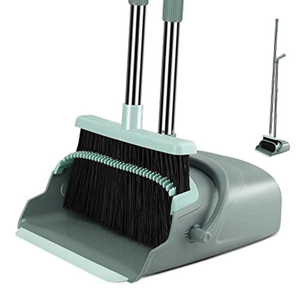 kelamayi Broom Dustpan Combo Set Standing Dustpan Broom with Stainless Long Handle 44.5"-55.9" Sweep Set Broom Dustpan Set Upright for Home Kitchen Room Office Lobby Floor Cleaning（Jade）