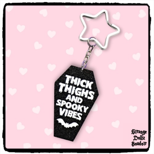 Thick Thighs coffin keychain, gothic spooky Halloween, Strange Dollz Boudoir