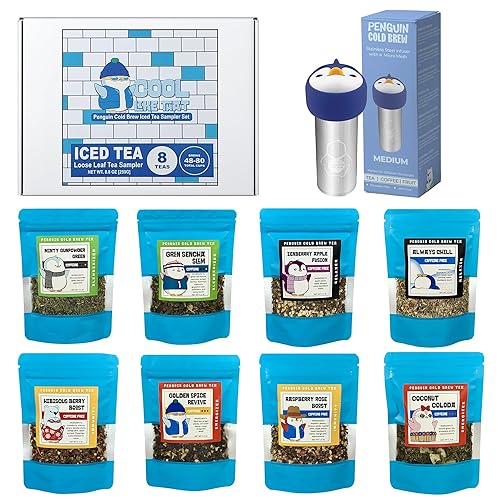 Penguin Cold Brew Iced Tea Sampler Sets - 8 Loose Leaf Tea with Penguin-Shaped Infuser - High to Non-Caffeinated Tea - Resealable Sample Pouches - Brews 48 to 80 Cups (Fruit and Floral Flavored Tea) - Fruit & Floral