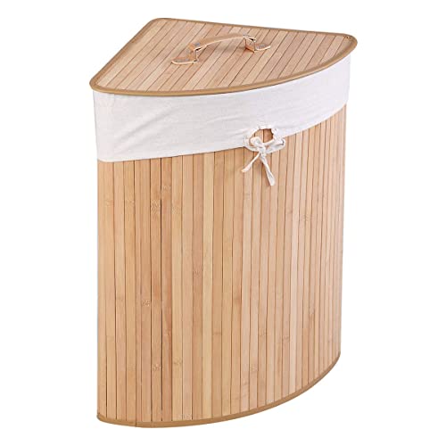 GOFLAME Corner Bamboo Laundry Hamper with Lid and Removable Liner, Washing Clothes Basket Storage Bin with Handle, Suitable for Bedroom, Bathroom, Laundry (Natural) - Natural