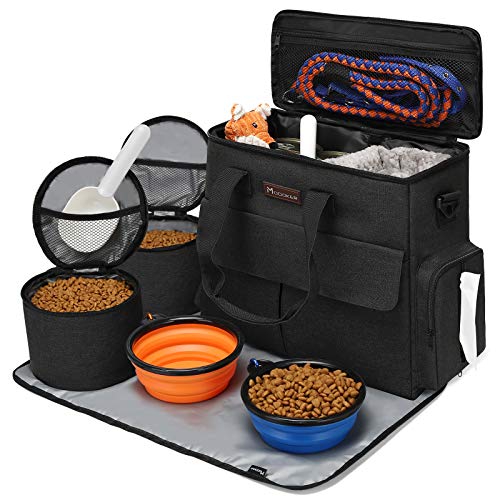 Modoker Dog Travel Bag Dog Travel Kit for a Weekend Away Set Includes Pet Travel Bag Organizer for Accessories, 2 Collapsible Dog Bowls, 2 Travel Dog Food Container (Black) - Black