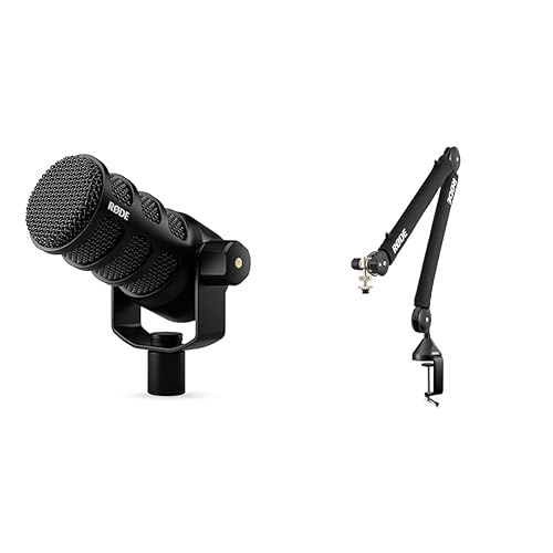 RØDE PodMic USB Versatile Dynamic Broadcast Microphone with XLR and USB Connectivity for Podcasting, Streaming & RØDE PSA1+ Professional Studio Arm with Spring Damping and Cable Management - Microphone + Studio Arm - PodMic USB
