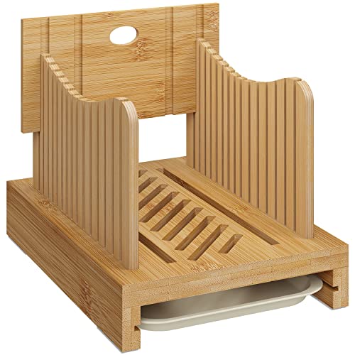 Bamboo Bread Slicer for Homemade Bread,Adjustable Width Bread Slicing Guides. Sturdy Wooden Bread Cutting Board. Makes Cutting Bagels or Even Bread Slices Easy - B - without Knife