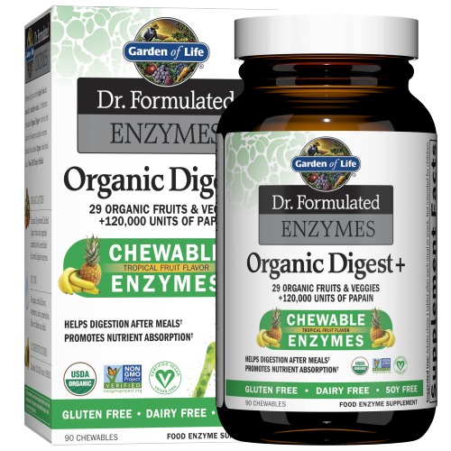 Garden of Life Dr Formulated Digestive Enzymes with Papain, Bromelain, Lipase for Digestion & Nutrient Absorption – Organic Digest+ - Vegan, Gluten-Free, Non-GMO, Tropical Fruit Flavor, 90 Chewables - 