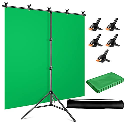 YAYOYA Green Screen Backdrop Kit with Stand 5ft X 6.5ft, Green Backdrop Stand with T-Shape Background Support Stand & 5 Spring Clamps & Carrying Bag, Portable Green Screen with Stand for Streaming - Green Backdrop Stand - 5x6.5ft