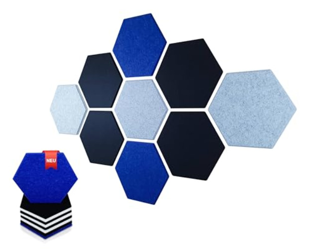 Extra Große Akustikpaneele Selbstklebend, Akustik-Bild Schalldämmung Wand Decke Tür, Hohe Dichte 200kg/m³, Schallabsorber Wand, Deko Hexagon Akustikplatten 36cmx31cmx1.2cm, Blau Schwarz Weiß-Grau - 9er Set - Schwarz Weiß Blau