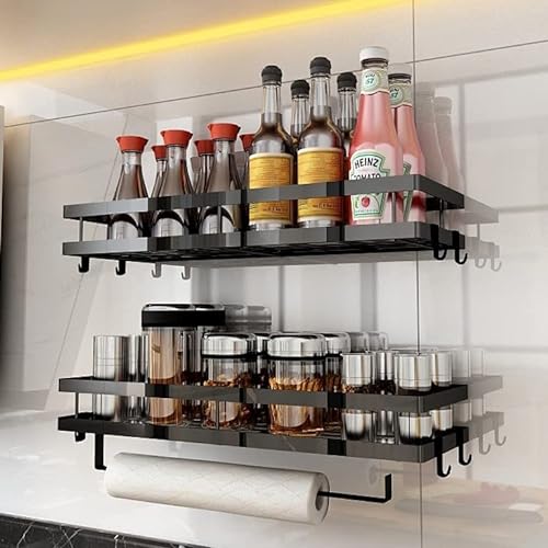 AHRITA 2er Set Gewürzregal Hängend Ohne Bohren und Bohrinstallation, Küchenregal Wand mit Küchenrollenhalter und Kunststoff-Basispads, Küchen Regale für Wände für Küche Badezimmer