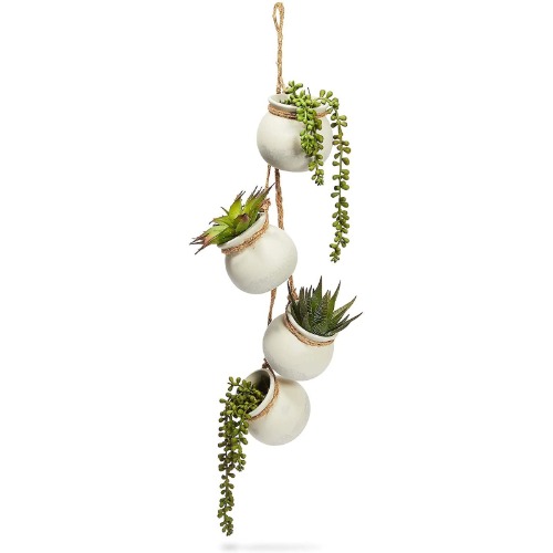 Farmlyn Creek 4 Piece Small Ceramic Window Hanging Planters on 23" Jute Rope for Fence, 4 Inch White Pots for Succulents, Indoor, Outdoor Flowers