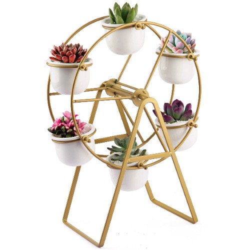 Metal Plant Stand with 6 Succulent Planter Pots, Modern Decorative Succulent Display Holder Shelf (Ferris Wheel)