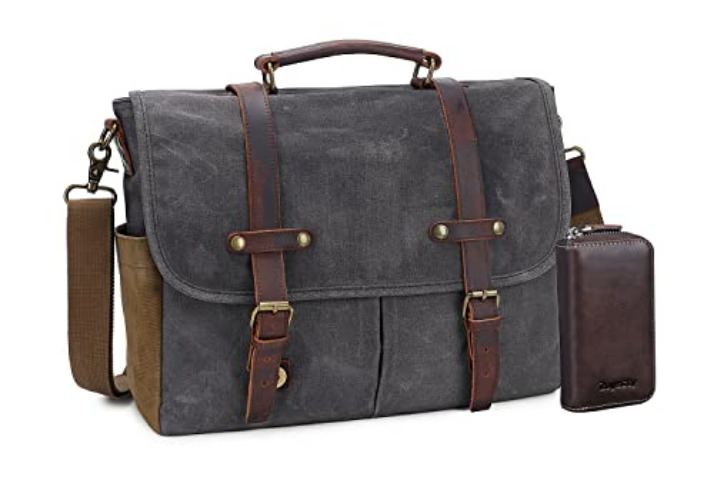 Messenger Bag for Men, Waterproof Genuine Leather Waxed Canvas Briefcase 15.6 Inch Laptop Larger Shoulder Bag with Key Bag - Dark Grey