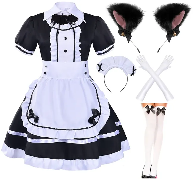 Japanese Anime Sissy Maid Dress Cosplay Sweet Classic Fancy Apron Socks Gloves Faux Fur Cat Furry Headwear Set(S)