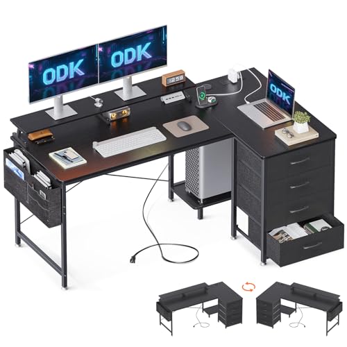 ODK Corner Desk with Drawers, L Shaped Computer Desk with USB Charging Port & Power Outlet, Home Office Desk with Monitor Stand and PC Stand, 55 Inch Gaming Desks Workstations, Black - 140x80x87cm - Black