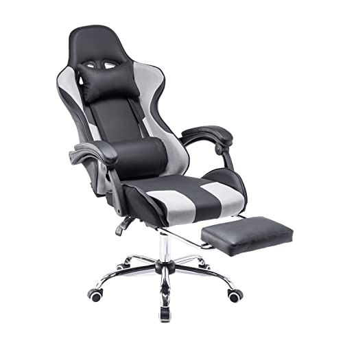 Panana Gaming Racing Desk Chair Adjustable Hight Swivel Chair with Lumbar and Head Pillow (Grey) - Gray