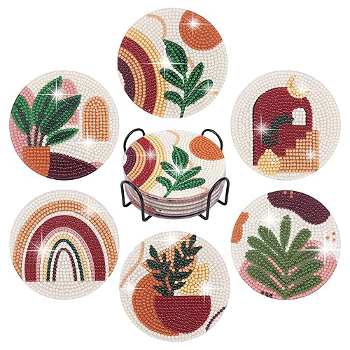 Temlum 6 Pcs Diamond Painting Coasters Kit with Holder, Abstract Plant Diamond Art Coasters Kits for Beginners, Adults Diamond Painting Art Craft Supplies - Abstract Plants
