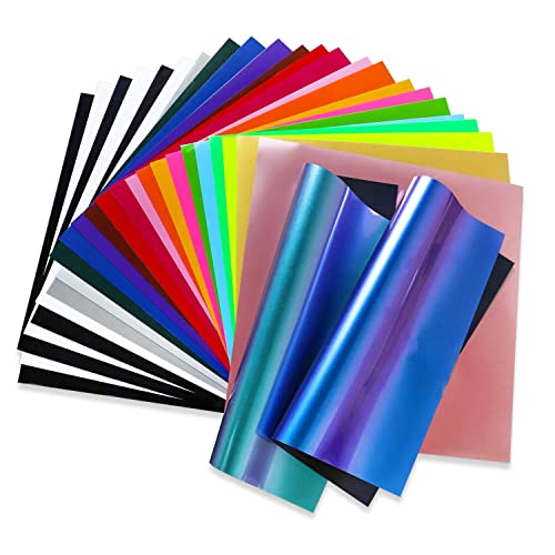 VINYL FROG Heat Transfer Vinyl 26 Sheets Pack 30.5x30.5cm HTV Vinyl Bundle Iron On Vinyl for Cameo Assorted Color Heat Press Vinyl for Fabric - Vinyl pack - PU&Chameleon Vinyl-26Sheets