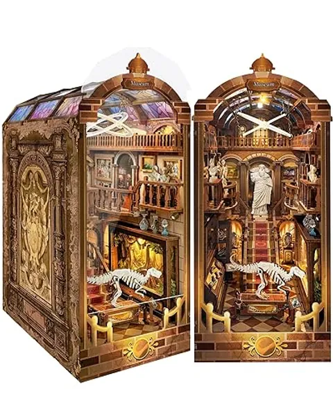Quanquer DIY Book Nooks Kit for Adults_with Dust Cover and LED Lights Nook Book, 3D Wooden Puzzle Bookends Christmas Halloween Birthday Ideas Gifts for Kids 14+(Museums) - Museums