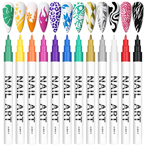 12 Color 3D Nail Art Pens Set, Kalolary Nail Point Graffiti Dotting Pen Drawing Painting Liner Brush for DIY Nail Art Beauty Adorn Manicure Tools for Halloween Christmas - A