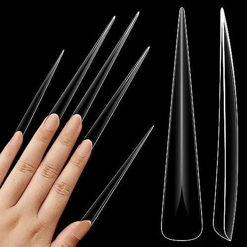 NOVO OVO Extra Super Extreme Long Stiletto Nail Tips, 5XL XXXXXL Clear Full Cover French Tips False Fake Nail Extension, Sharp Fishbone Arrow Head Nails for Professional Acrylic 120 pcs 12 Sizes - Super Long Stiletto
