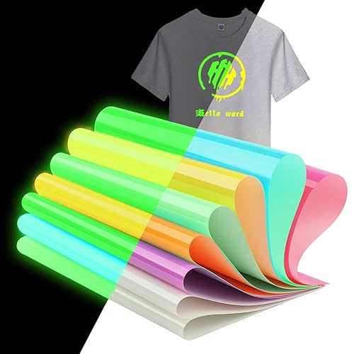 Glow in The Dark Heat Transfer Vinyl, HTV Iron On Vinyl Bundle, Luminous Fluorescent Heat Press Vinyl, 8 Pack 31 x 25cm Neon Iridescent HTV Vinyl Sheet for DIY T-Shirts - 8 colors