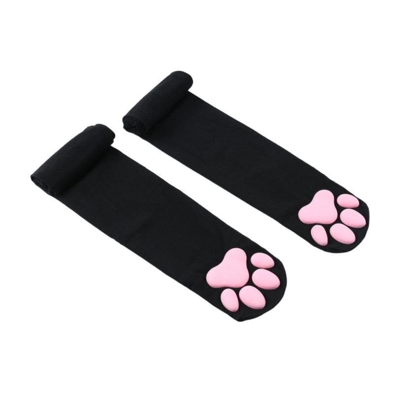 Cat Paw Thigh High Socks - Black