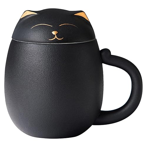 HEER Ceramic Tea Mug with Infuser and Lid, Cute Cat Tea Cup with Filter for Steeping Loose Leaf, Chinese Handmade Porcelain Teacup for Home Office. (Black) - Black