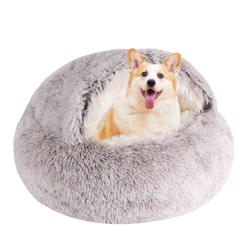 Round Hooded Cat Bed & Dog Bed with Cover Cave, Plush Cozy Cave Dog Bed, Faux Fur Cuddler Round Coved Cat Bed Self Warming Donut Dog Bed, Removable Washable Anti-Slip Dog Beds with Blanket Attached - 24inch x 24inch - Coffee
