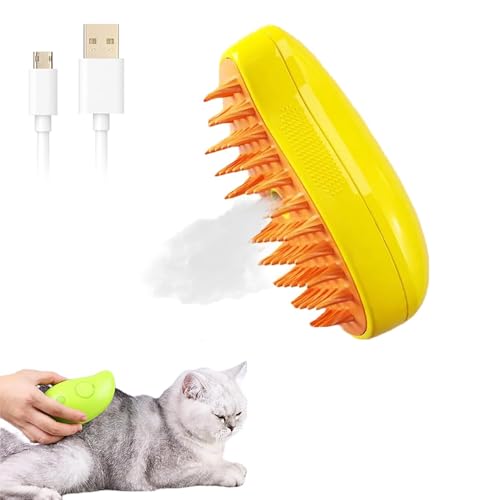 Cat Steam Brush, 3 In1 Steamy Cat Brush, Self Cleaning Cat Brush with Steam,Cat Steamer Brush for Massage,Cat Grooming Brush Pet Hair Removal Comb for Cat and Dog (Yellow) - Yellow
