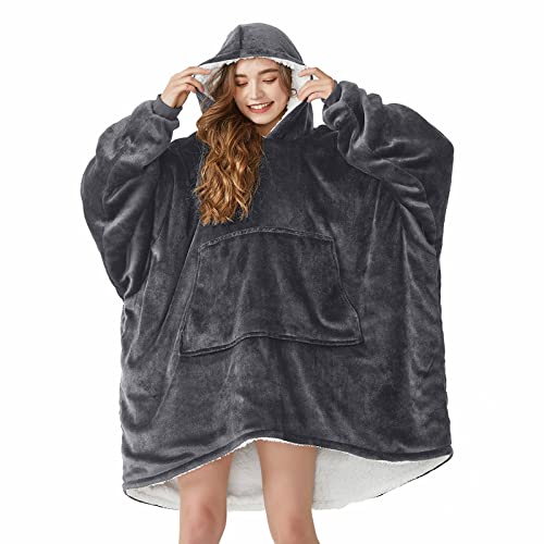 L'AGRATY Wearable Blanket Hoodie Oversized Giant Hooded Blanket Sweatshirt with Pocket Sleeves for Women Men Flannel Sherpa Soft Warm Cozy Blanket Jacket Sweater Gift for Adult Teens One Size Fits All - Dark Grey