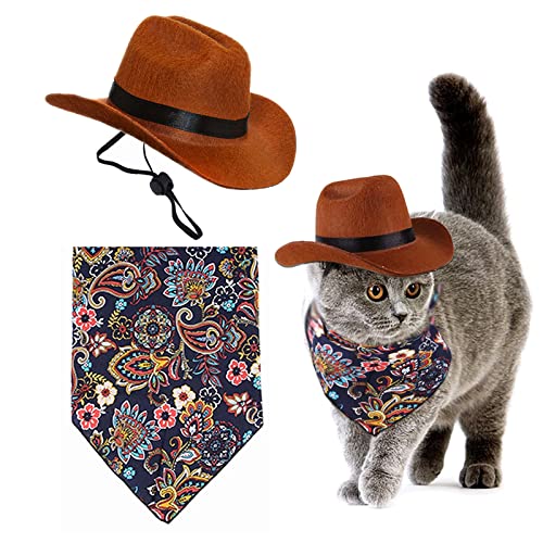 2 Pieces Pet Cowboy Costume Accessories Set,Cat Dog Pet Cowboy Adjustable Hat and Bandana Scarf West Cowboy Accessories,for Puppy Kitten Pet Halloween Birthday Party Cosplay Holiday Decorations Size M