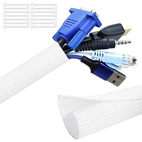 SONATURE Cord Hider, 10ft - 1/2" Wire Loom, Self-Wrap Cord Organizer, Braided Cable Sleeve with 14 Reusable Cable Ties included, Cable Management for TV/PC/Home Theater/Automobile at Home/Office - 10ft - 1/2" - White