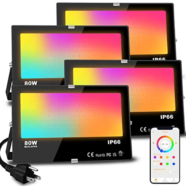 MELPO LED Flood Light Outdoor 800W Equivalent 8000LM Smart RGB Landscape Lighting with APP Control, DIY Scenes - Timing - Warm White 2700K - Color Changing Uplight, IP66 Waterproof US Plug (4Pack)