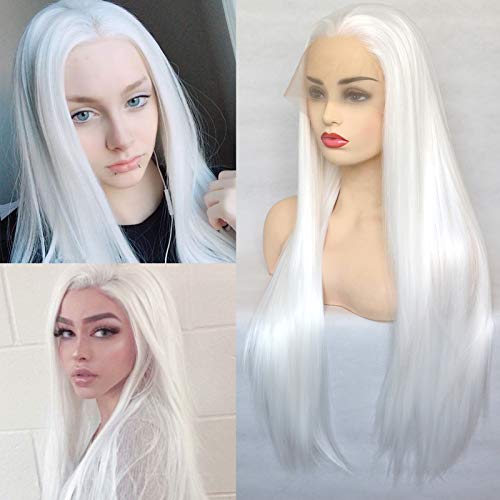 BLUPLE Long Straight Lace Front Wigs #1001 Platinum White Natural Heat Resistant Synthetic Hair Half Hand Tied Wigs for Cosplay Daily Wear (22 inches, Straight,White) - 22 Inch (Pack of 1) - Straight,White