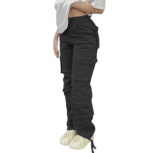 Viatabuna High Waisted Cargo Pants for Women Baggy Y2k Straight Wide Leg Pants with Pockets Streetwear - Large - A-black