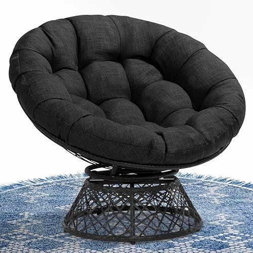 Bme 40" Ergonomic Wicker Papasan Chair with Soft Thick Density Fabric Cushion, High Capacity Steel Frame, 360 Degree Swivel for Living, Bedroom, Reading Room, Lounge, Onyx Stone - Black Base - Onyx Stone - Black Base - Upgrade Cushion - Classic 40"