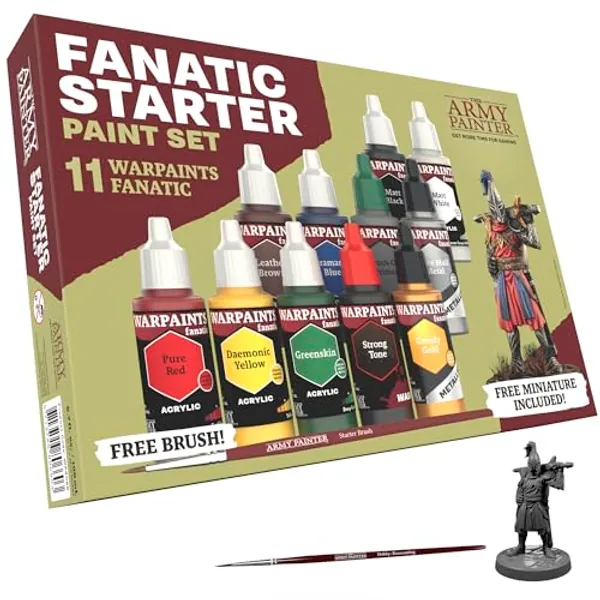 The Army Painter Warpaints Fanatic: Starter Set Combo, 11 paints: 7 acrylic colours, 2 Metallics, 1 Wash, 1 Brush-On Primer, 1 Basecoating Brush, Plus 1 Free Miniature figure and Starter Brush - Fanatic Starter Set Combo
