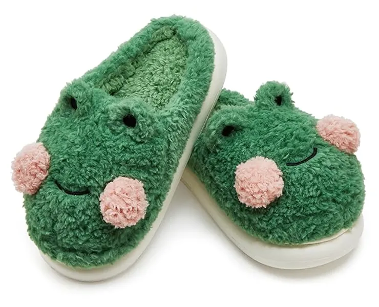 Solyinne Women's Frog Slippers Cute Animal Slippers Bedroom Slippers Winter Warm Fluffy Slippers Fleece Indoor Outdoor Shoe - 9-10 - Shy Frog