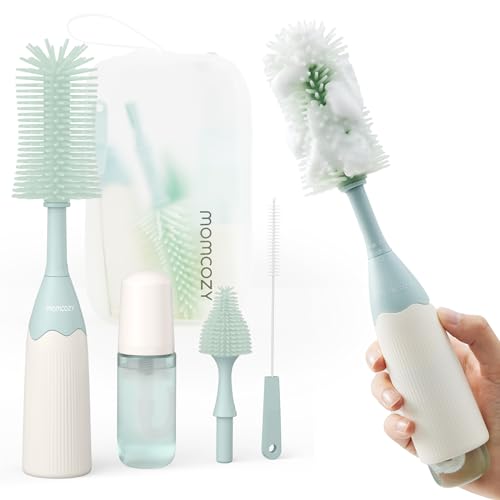 Momcozy Bottle Brush Kit, Innovative Push-Press Design for Better Cleaning - Baby Bottle Cleaner Brush for Baby Bottle, Breast Pumps, Nipples, and More - Can Generate Foam for Better Cleaning, Green - Press Bubble Style - Green