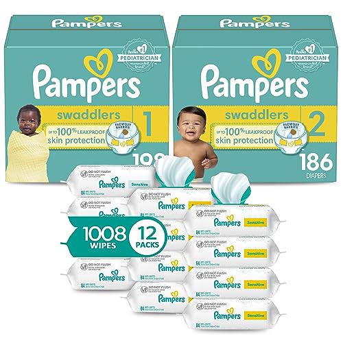 Pampers Baby Diapers and Wipes Starter Kit, Swaddlers Disposable Sizes 1 (198 Count) & 2 (186 Count) with Sensitive Water Based 12X Multi Pack Pop-Top Refill (1008 Count) - Sizes 1 & Size 2 - Swaddlers