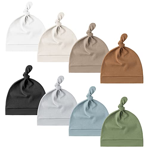 Konssy 8 Pack Baby Newborn Hats Set Knot Beanie Hats Soft for Infant Baby Girls Boys Caps 0-6 Months - 0-6 Months - White,beige,clay,brown,black,gray,blue,green