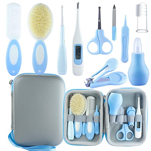 VZAYQUPXY Baby Grooming Kit, Baby Essentials for Newborns, Portable Baby Care Kit, Contains Baby Nail Clippers, Baby Comb, Baby Brush, Baby Ear Wax Removal Tool and More (10 in 1) (Blue) - Blue
