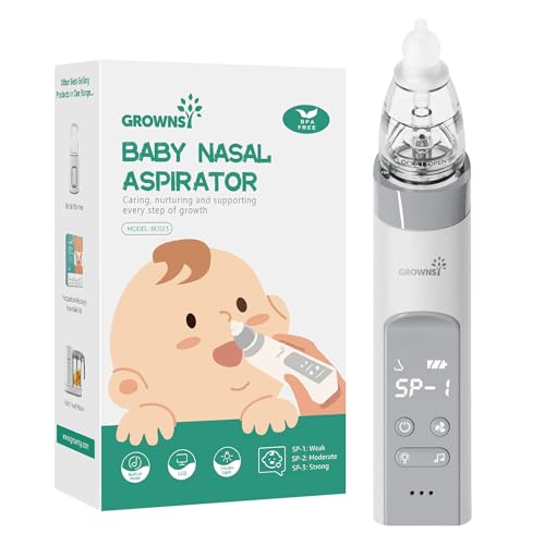 GROWNSY Nasal Aspirator for Baby, Electric Nose Aspirator for Toddler, Baby Nose Sucker, Automatic Nose Cleaner with 3 Silicone Tips, Adjustable Suction Level, Music and Light Soothing Function - Grey