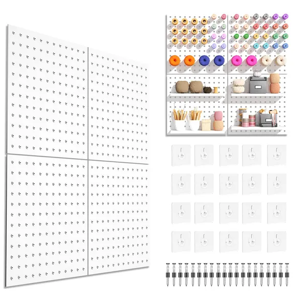 Pegboard，Peg Board,Pegboard Wall Organizer with self-Adhesive Hooks, No Drilling to Wall,Peg Boards for Walls,Easy Installation,Metal Pegboard for Craft Room Garage Kitchen Workshop - 