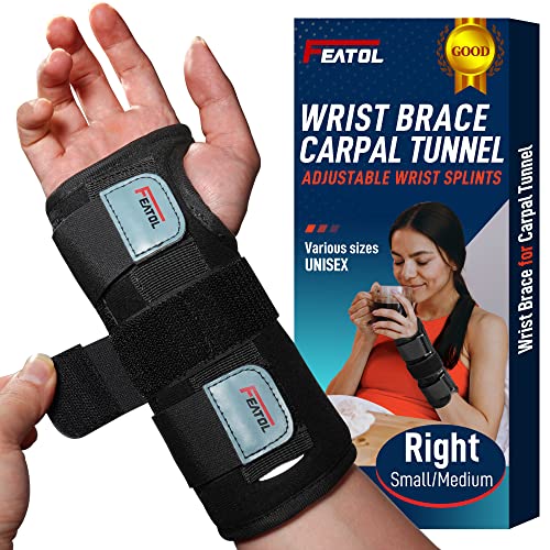 FEATOL Wrist Brace for Carpal Tunnel, Adjustable Wrist Support Brace with Splints Right Hand, Small/Medium, Arm Compression Hand Support for Injuries, Wrist Pain, Sprain, Sports - Small/Medium (Pack of 1) - Right Hand -Black