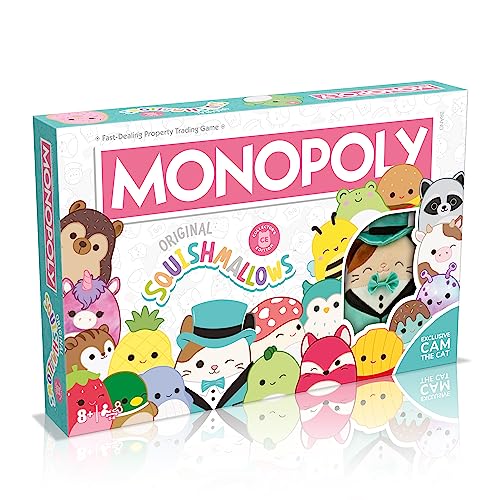 Squishmallows Monopoly Board Game Collectors Edition, Play with Fifi the Fox, Rosie the pig and Brock Bulldog, exclusive 4 Inch Cam the Cat plush, gift for ages 8 plus