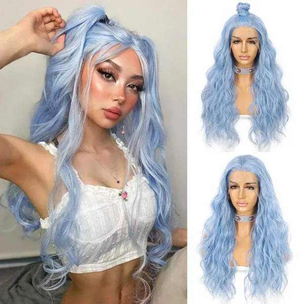 Sapphirewigs Wigs for Women Long Wavy Hair Ice Blue Wig Lace Front Wig Heat Resistant Hair Party Wig 24inch