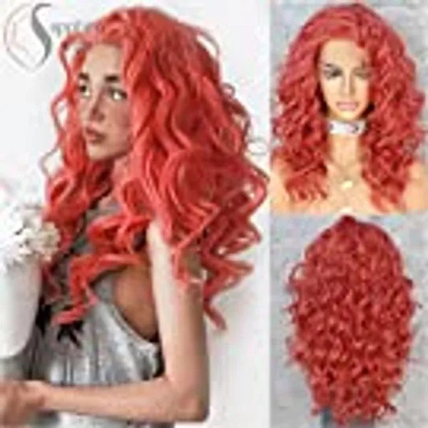 SAPPHIREWIGS Bright Red Color Curly No-Tangle Glueless Women Party Daily Makeup Cosplay Party Women Fashion Synthetic Lace Front Wigs Christmas Wig Gift for Women