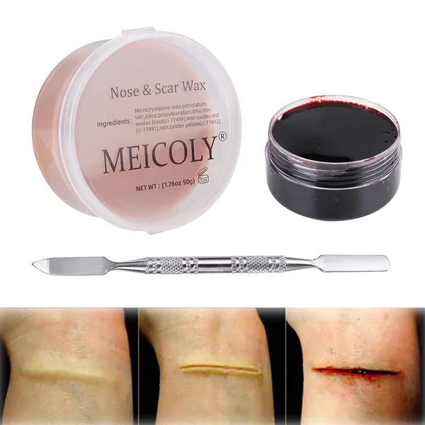 MEICOLY Scar Wax Kit(1.67Oz),Fake Blood Special Effects Scab Coagulated Blood Gel(1.06Oz),Fake Wound Molding Modeling Scar Wax with Spatula,SFX Halloween Stage Makeup Skin Wax,01