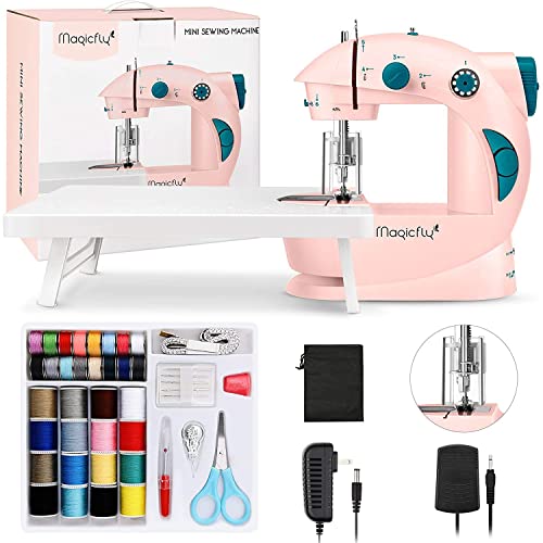 Magicfly Mini Sewing Machine for Beginner, Dual Speed Portable Children Sewing Machine with Extension Table, Light, Sewing Kit for Kids, Girl, Household, Travel, Pink - pink
