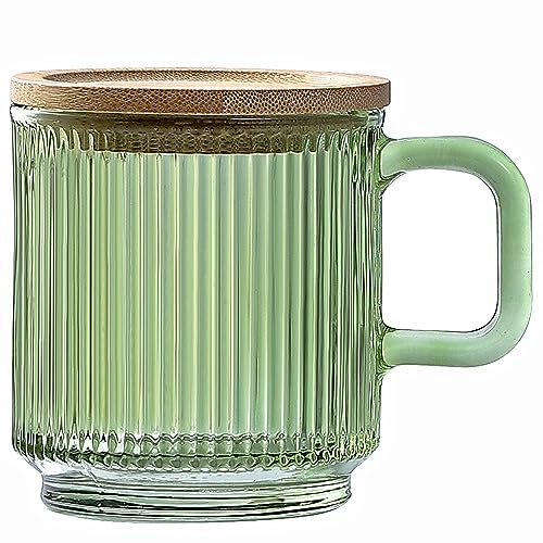 Lysenn Glass Coffee Mug with Lid - Premium Classical Vertical Stripes Glass Tea Cup - for Latte, Tea, Chocolate, Juice, Water - Lead-Free - Bamboo Lid - Lime Green - Lime Green - 1